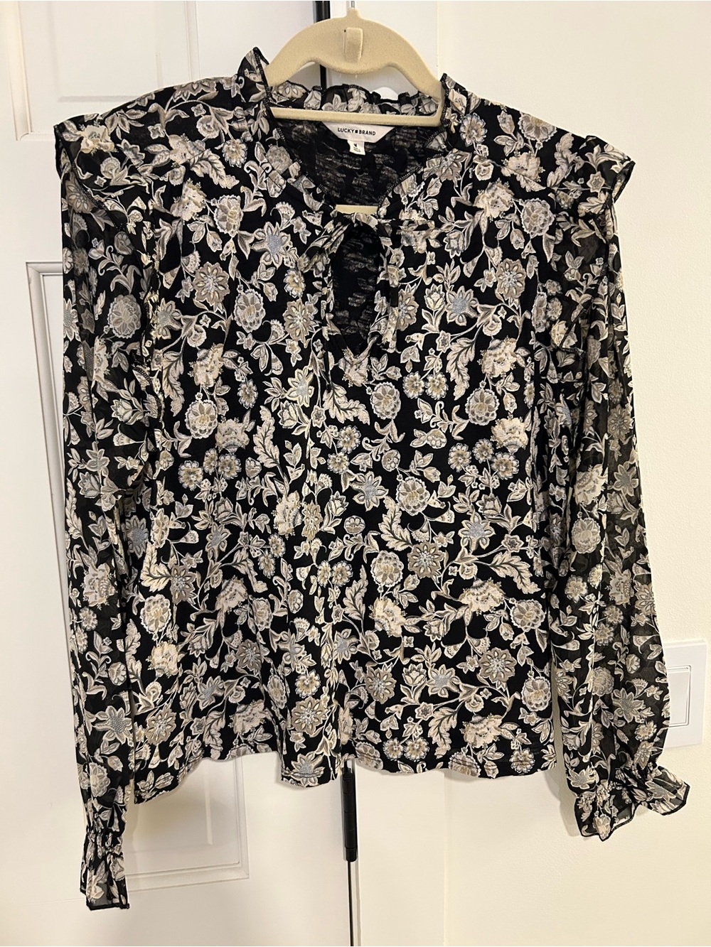 Lucky Brand Black Floral Tie-Neck Sheer Blouse